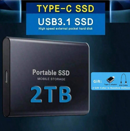 (Con 1 adattatore OTG) SSD portatile 2TB colore nero, unità SSD esterna ad alta velocità,