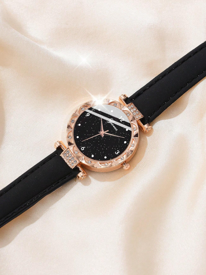 5 Pezzi/set Orologio Al Quarzo Minimalista Della Moda Con Cinturino In PU Nera Per Signore