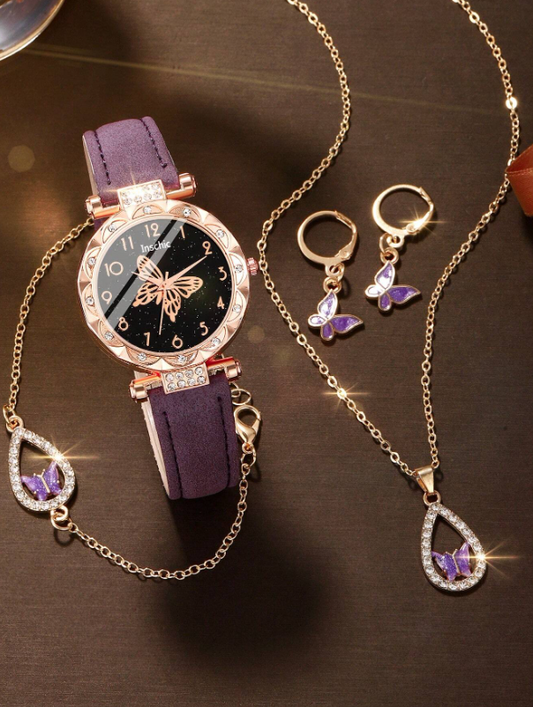 5 pezzi Set di gioielli in pelle PU viola con diamanti per donne