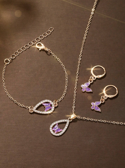 5 pezzi Set di gioielli in pelle PU viola con diamanti per donne