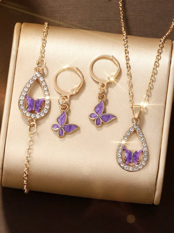 5 pezzi Set di gioielli in pelle PU viola con diamanti per donne